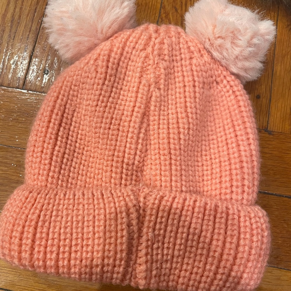 Chunky knit Beanie Hat with double Faux Pom Pom ears salmon color  fur inside